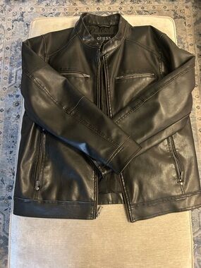 GUESS Black Faux Leather Zip-Front Bomber Jacket